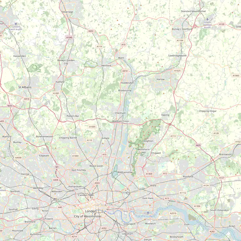 Street map of the area around Cheshunt and Waltham Cross, with the area we cover tinted around the JTS base